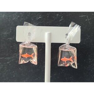 Goldfish In A Bag Plastic Dangling Clip-on Earrings Vintage Costume Jewelry